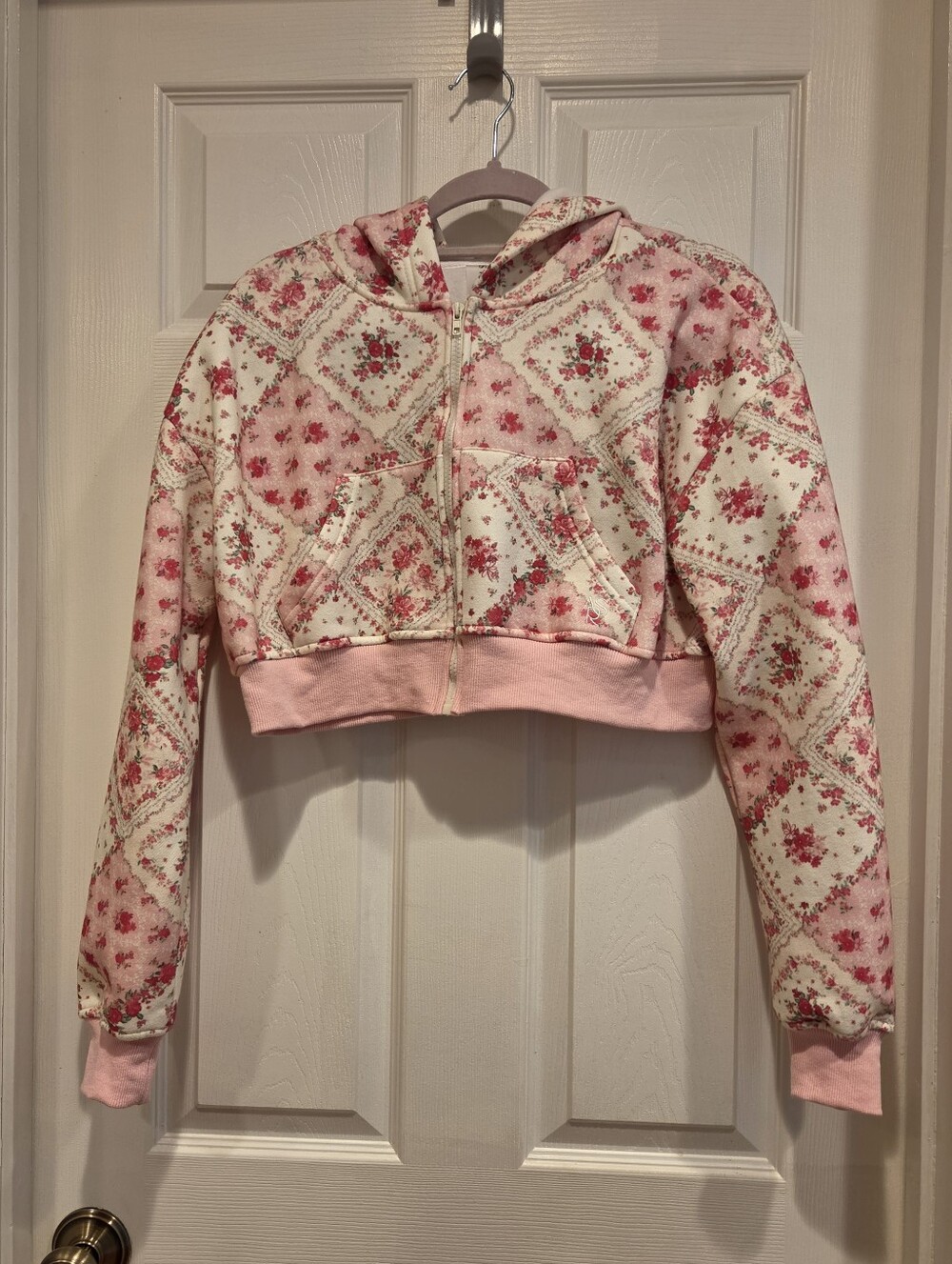 ASR Floral Patchwork Cropped Zip Hoodie - Pink & Cream